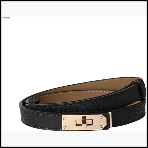 Skinny Leather Belt with Alloy Turn Lock Buckle Adjustable Waistband
